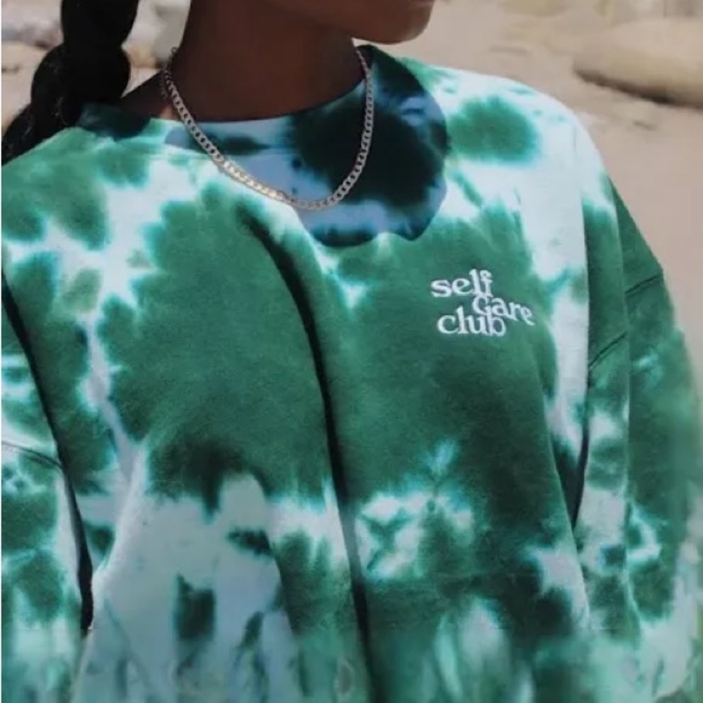 Summer Fridays Self Care Club Green and White Tie Dye Sweatshirt